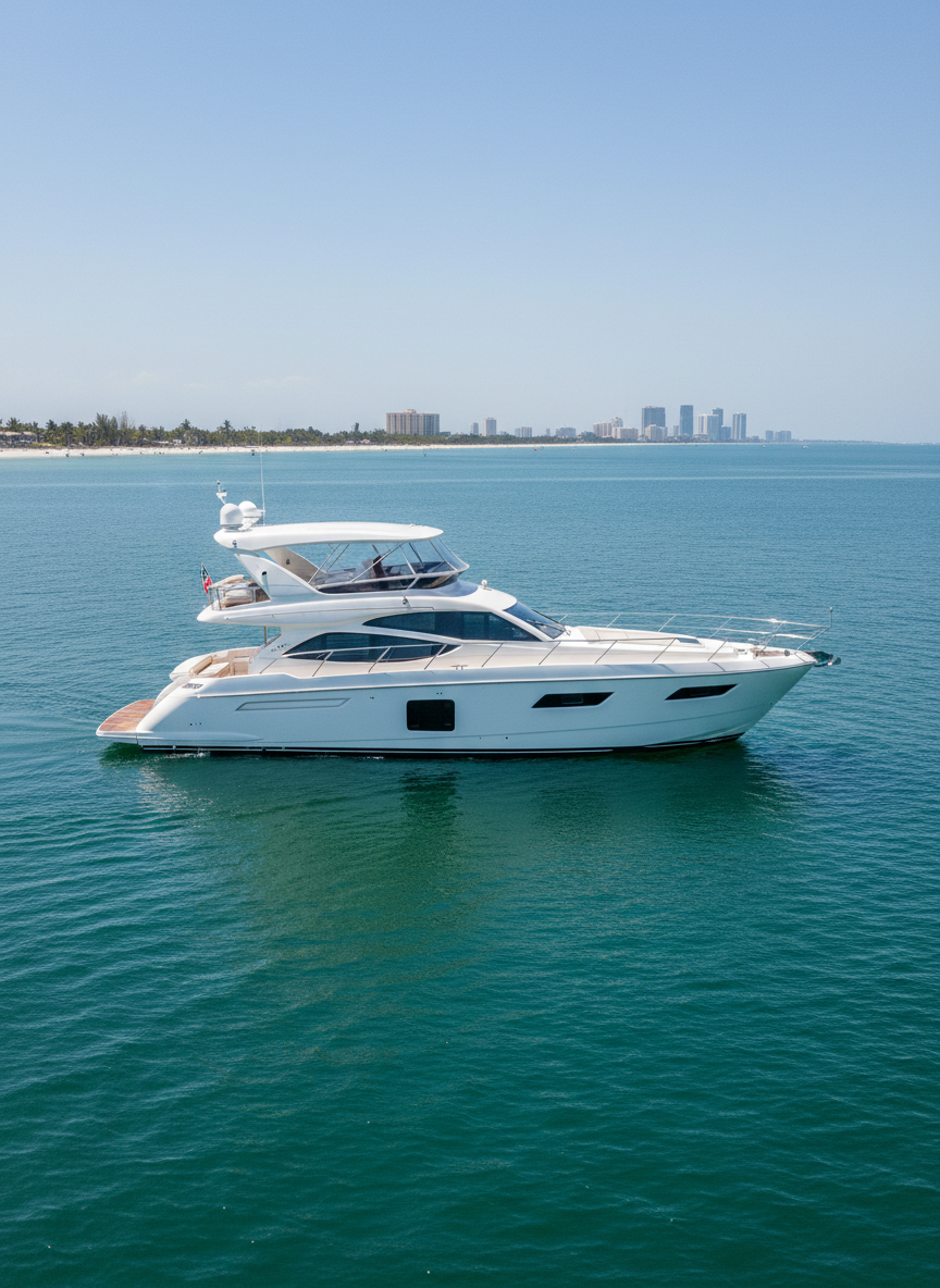 A stunning 50-foot motor yacht photographed on calm turquoise Gulf of Mexico waters near St. Petersburg Florida. The yacht is sleek, white, well-maintained and modern — shot from a slightly elevated side angle showing the full vessel length. Clean professional photography, bright natural daylight, no people, no stock photo feel. Ultra-realistic, high detail.