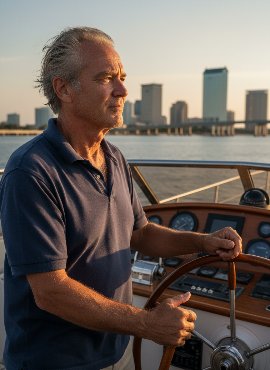 A weathered, experienced yacht captain in his 50s, sun-tanned face, wearing a navy polo shirt, standing at the helm of a motor yacht on Tampa Bay. Natural candid feel, not overly polished. Shot in warm afternoon light. No uniform, no white captain's hat — just a real working captain who knows these waters.